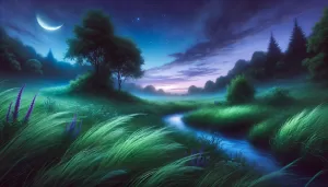 DALL·E 2024 11 09 21.45.22 A tranquil dreamlike landscape at dusk featuring a gentle breeze flowing through a green meadow. Soft tall grass sways under the twilight sky painte