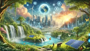 DALL·E 2024 11 19 16.08.00 A dreamlike representation of technology in harmony with nature showcasing a futuristic cityscape powered by renewable energy sources surrounded by